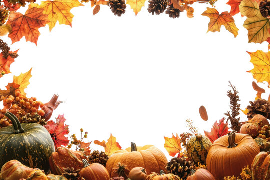 Colorful autumn frame with pumpkins, leaves, and pine cones, perfect for seasonal and Thanksgiving themes. Blank space in the center for text.
