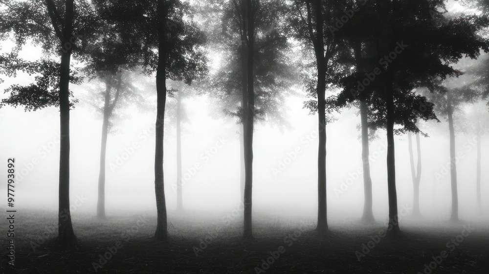 Sticker Silhouetted Tree Trunks in a Dense Foggy Forest