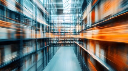 Blurred background of a warehouse with shelves filled with books and modern technology equipment, creating a blurred motion effect