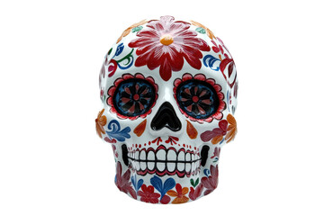 Colorful ceramic skull with intricate floral patterns, inspired by Dia de los Muertos celebrations. Vibrant decoration and unique artistry.