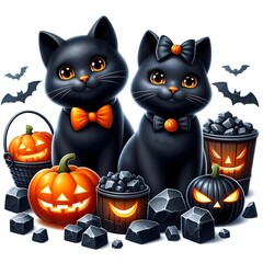 Fototapeta premium Halloween coal black cats with pumpkin 3d vector illustration isolated on white background