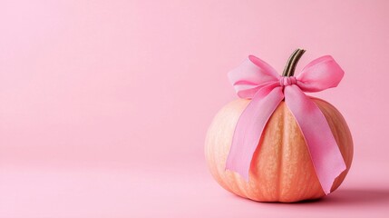 Decorative silk bows adorn the pastel pink pumpkin on the wooden table