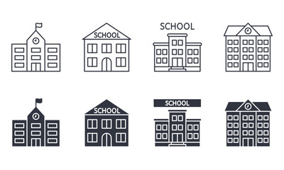 Vector icons school building. Editable stroke thin line and black solid set. Teaching children building with flag, words School and clock. Stock illustration.