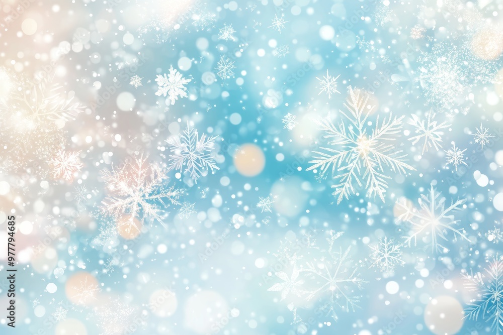 Poster minimalistic abstract background featuring snowflakes and bokeh lights in pastel colors