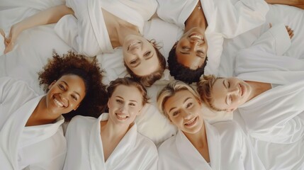diverse women in white coats lying in bed, smiling, looking at camera, feeling happy after body treatments,