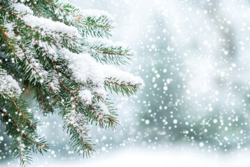 Stunning snow covered christmas tree branches framed by blurred falling snow and copy space