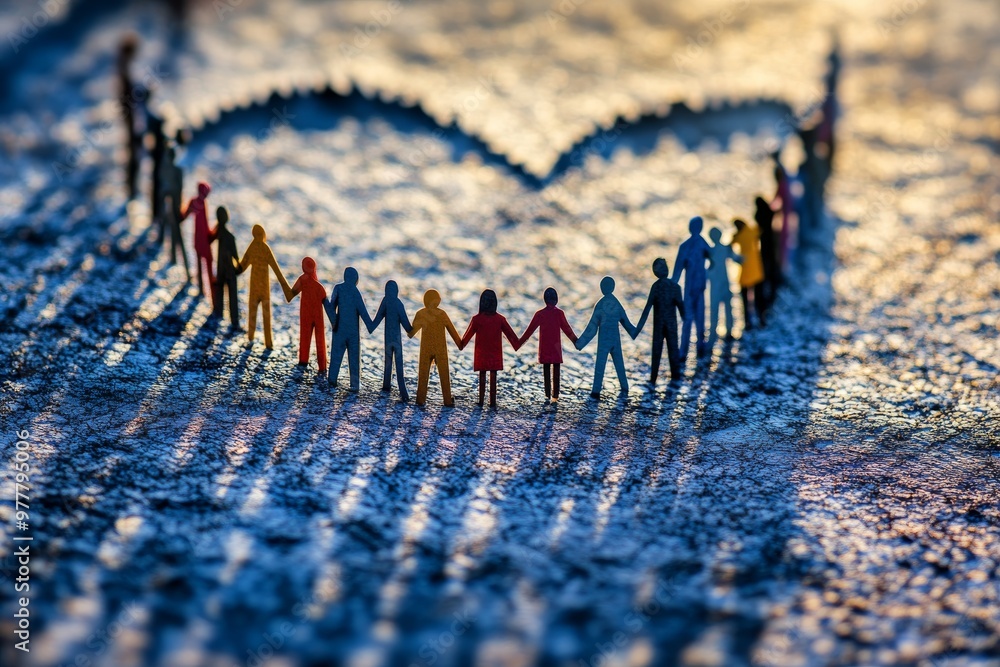Poster silhouettes holding hands forming a heart shaped shadow in the sand symbolizing unity connection and