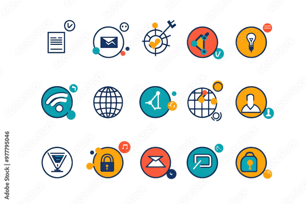 Poster colorful vector icons set representing various internet and communication symbols, ideal for web and