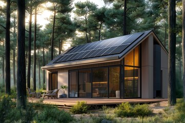 Modern Solar Panels Installed On A Cabin In The Woods, Solar Photography, Solar Powered Clean Energy, Sustainable Resources, Electricity Source, Cabin Solar Installation