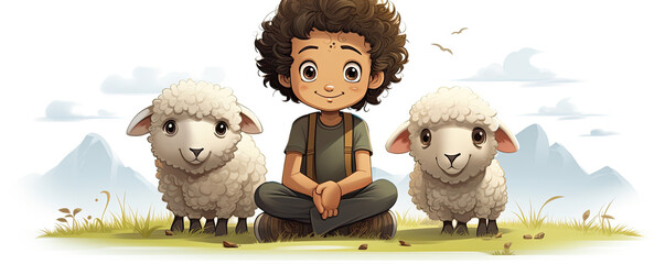 Illustrative boy with fairy sheeps on white