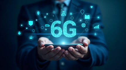 Businessman holding 6G network concept with digital icons