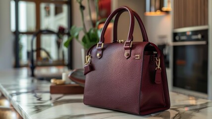 Elegant Burgundy Leather Handbag on Marble Countertop