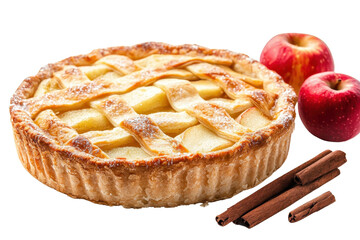 Delicious homemade apple pie with a golden lattice crust, fresh apples, and cinnamon sticks on a transparent background. Perfect for autumn desserts.