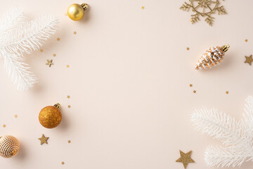 Elegant Christmas scene featuring gold decorations, white pine branches, and star confetti on a soft beige backdrop creating a festive and warm holiday ambiance