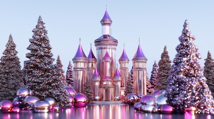 Fototapeta premium Stunning crystal castle surrounded by snow-covered trees and shiny ornaments, with magical holiday ambiance