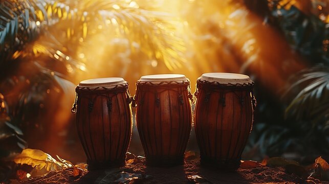 Rhythmic drumming with congas on a bronze backdrop, cinematic documentary style capturing the dynamic and vibrant beats of percussion, showcasing conga rhythms and the energy of live performance