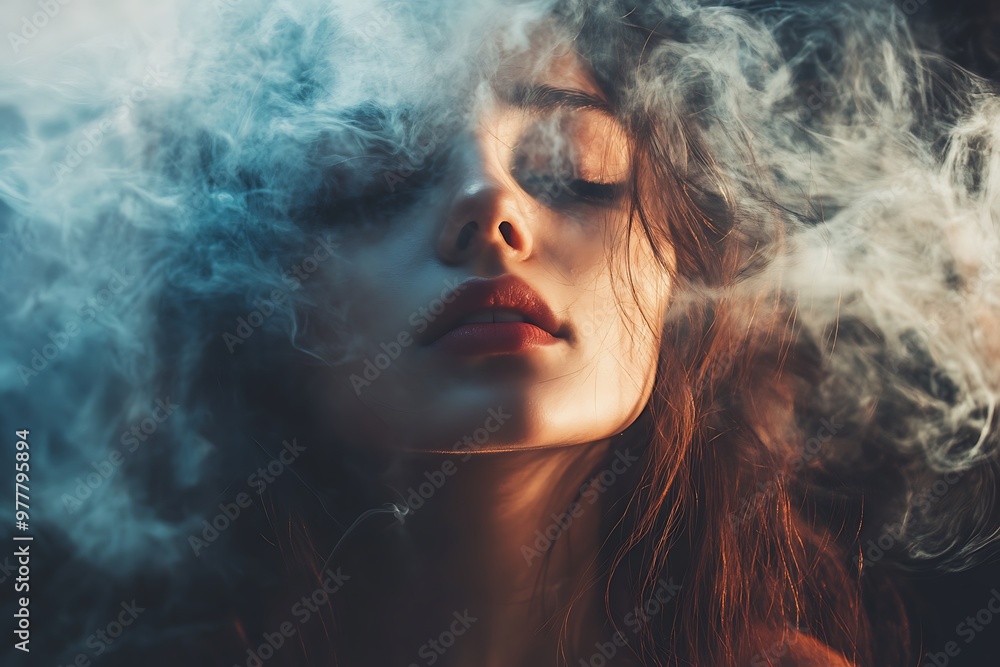 Poster Mysterious woman with closed eyes in smoke cloud, dramatic lighting, atmospheric, dark background