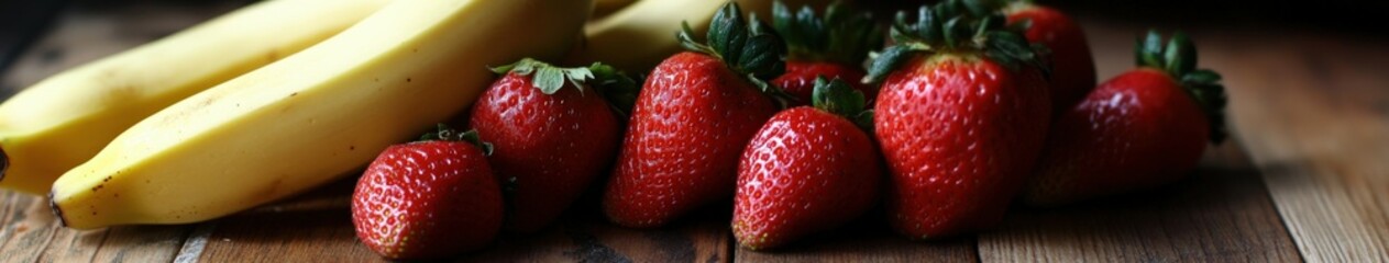 Fresh strawberries and bananas arranged on a wooden kitchen table