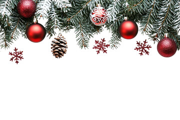 Festive Christmas decorations with red ornaments and pine cones hanging on snowy evergreen branches, perfect for holiday-themed designs.