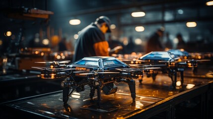 Drones conduct inspections on a high-tech manufacturing line in a smart factory environment