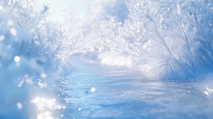 Obraz premium Frost-covered trees and a shimmering icy river under soft winter sunlight