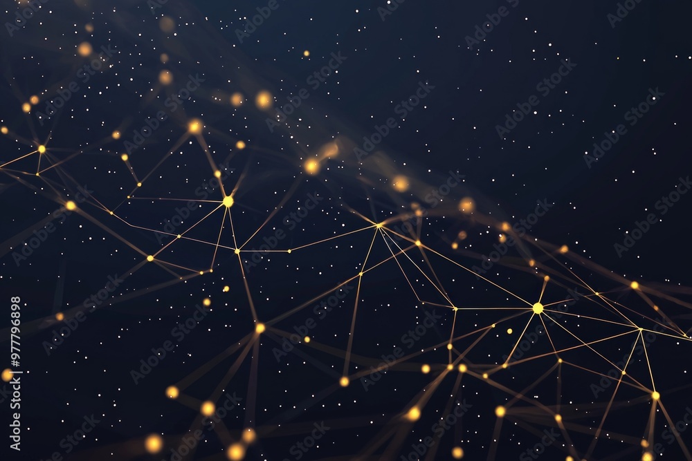 Poster tiny golden dots scatter across a rich black canvas, interconnected by ethereal glowing lines. a min