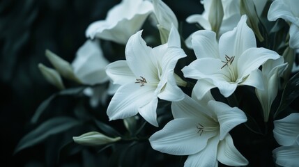 Bouquet of Artificial white funeral flowers at the cemetery, dark aesthetic, 