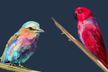 Lilac-Breasted Roller Scarlet Macaw Watercolor Illustration Colorful Tropical Birds Artistic Painting Vibrant Exotic Wildlife Digital Art Decorative Design Home Decor Poster Print Textile Pattern