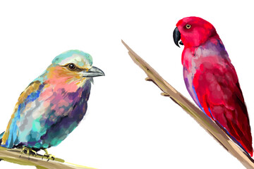 Lilac-Breasted Roller Scarlet Macaw Watercolor Illustration Colorful Tropical Birds Artistic Painting Vibrant Exotic Wildlife Digital Art Decorative Design Home Decor Poster Print Textile Pattern