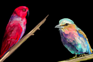 Lilac-Breasted Roller Scarlet Macaw Watercolor Illustration Colorful Tropical Birds Artistic Painting Vibrant Exotic Wildlife Digital Art Decorative Design Home Decor Poster Print Textile Pattern