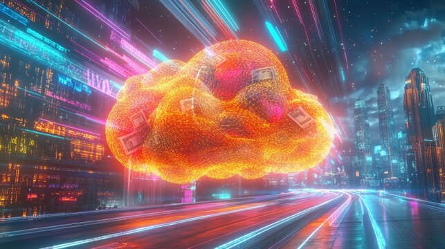 Futuristic glowing orange cloud of data and money in a cyberpunk cityscape at night