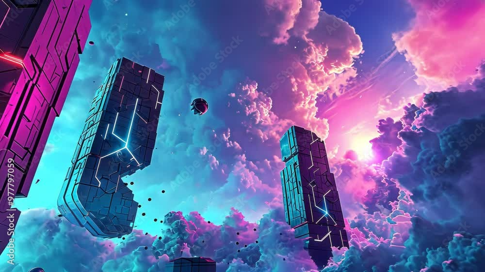 Poster vibrant sci-fi scene with synthwave styled towers in breathtaking perspective. futuristic cyberpunk 