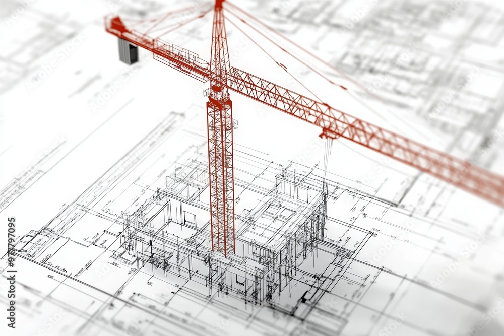 Poster detailed 3d architectural blueprint showcasing a building construction site with a crane in action