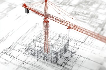 Detailed 3d architectural blueprint showcasing a building construction site with a crane in action