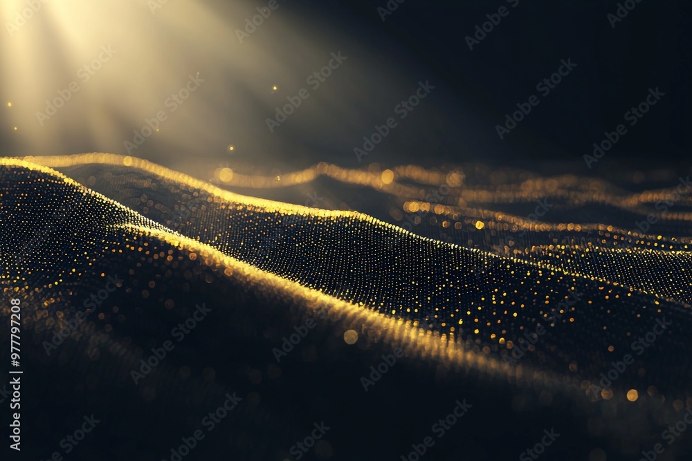 Poster tiny golden dots scattered across a rich black canvas connect through soft glowing lines, evoking a 