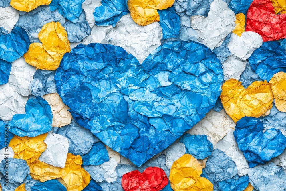 Poster crumpled paper heart with a mosaic like background symbolizing the complexity of love and emotional 