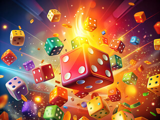 Colorful dice exploding in mid-air with fiery sparks and dynamic lighting