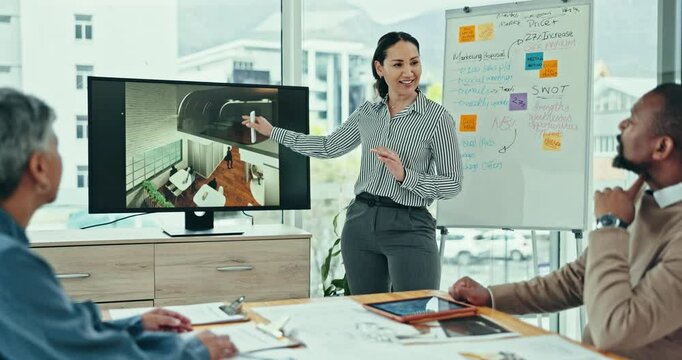 Woman, presentation and meeting for interior design, planning or collaboration at office. Creative female person, mentor or coaching and training staff on computer screen for startup at workplace