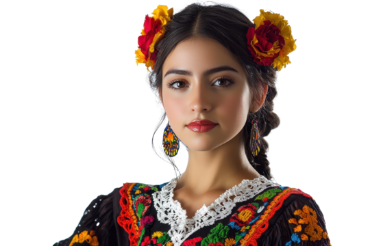 Portrait of a young woman in traditional Mexican attire with colorful floral patterns and flowers in her hair.