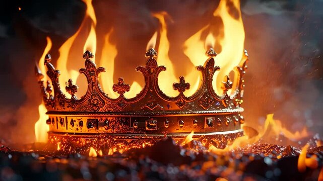 Crown engulfed in flames with smoke rising from burning embers at night