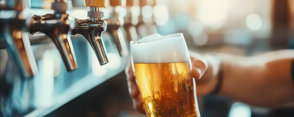Bartender pouring beer into glass from tap. Pub interior, craft brewery. Oktoberfest festival, St Patrick's Day celebration. Alcohol drink or beverage concept. Close-up view. Banner with copy space