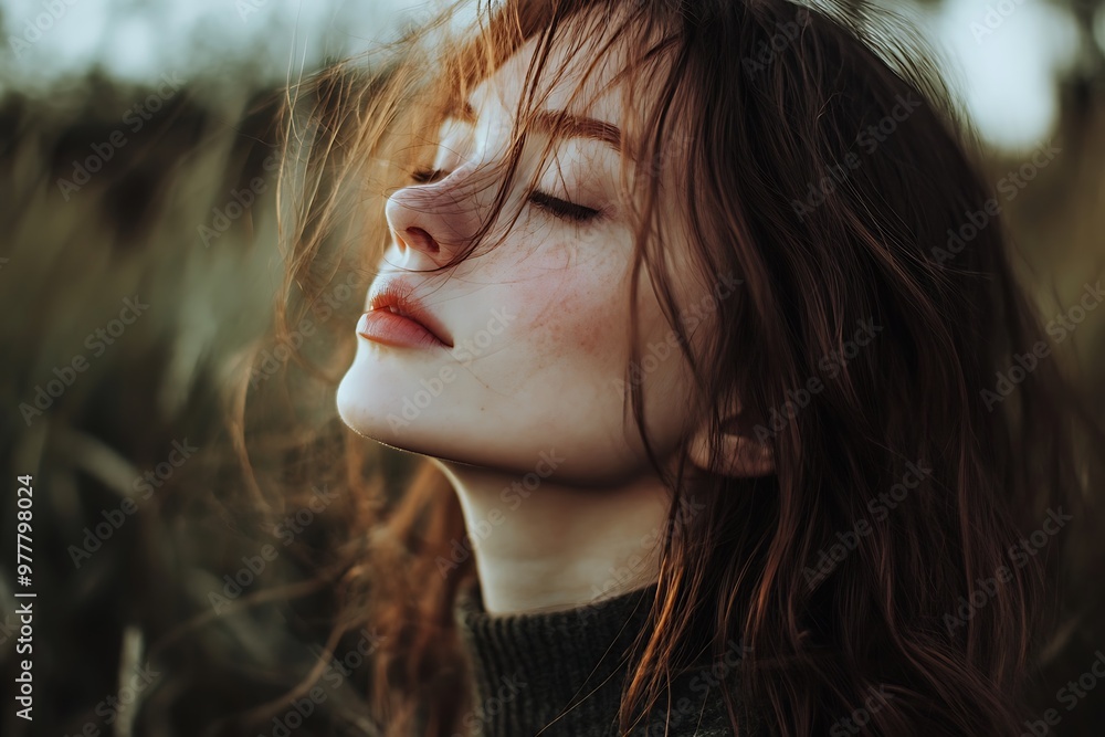 Sticker Portrait of a woman with wet hair and closed eyes, looking up, calm and peaceful in nature