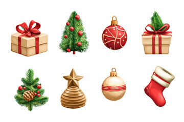 Set of festive Christmas icons including gifts, trees, ornaments, and stockings, perfect for holiday-themed designs.