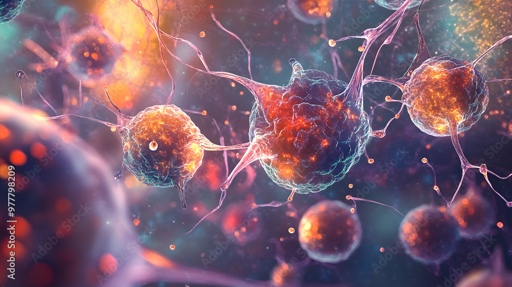 Aufkleber abstract visualization of stem cell research with digital models and cellular structures, highlighti