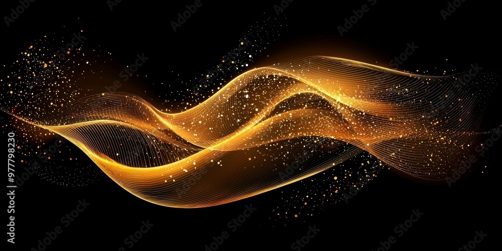 Poster golden particles cluster and shimmer, forming a flowing wave pattern that glows softly against a dee