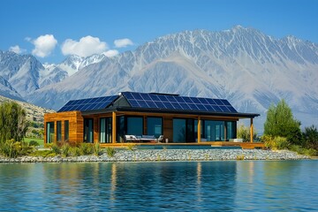 Naklejka premium Solar Panels Installed On A Luxury Lakeside Villa In Switzerland, Solar Photography, Solar Powered Clean Energy, Sustainable Resources, Electricity Source, Switzerland Solar Installation