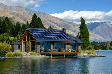 Fototapeta premium Solar Panels Installed On A Luxury Lakeside Villa In Switzerland, Solar Photography, Solar Powered Clean Energy, Sustainable Resources, Electricity Source, Switzerland Solar Installation