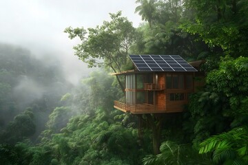 Solar Panels Installed On A Luxury Treehouse In Costa Rica, Solar Photography, Solar Powered Clean Energy, Sustainable Resources, Electricity Source, Marketing Advert Solar Installation
