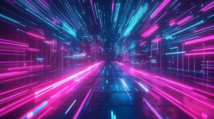 Obraz premium “3D illustration of a digital technology metaverse background featuring neon blue and pink hues. Highlights abstract concepts of cyber information, high-speed connectivity, and future innovations 