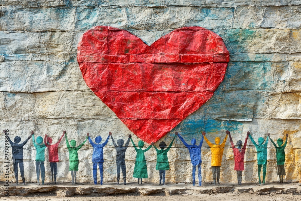 Poster vibrant mosaic red heart with figures below symbolizing unity love and community support in a colorf